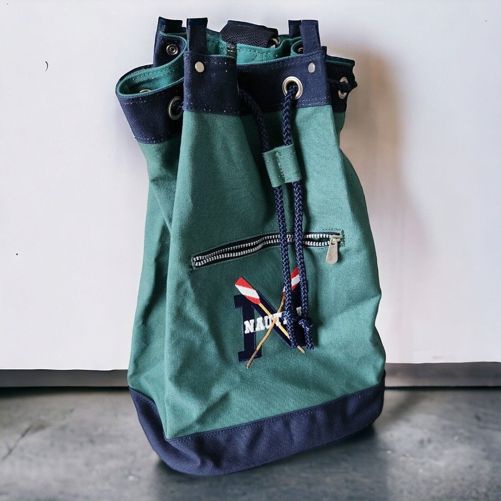 Vintage NAUTICA Green Blue Heavy Canvas Draw Pull String Sailor Seaman Sling Bag - Picture 2 of 13
